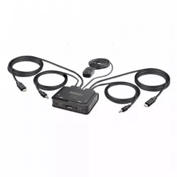 StarTech.com 2 prievadų USB-C kabelinis KVM jungiklis, 4K 60Hz DisplayPort išvestis, kompaktiškas KVM su 4 pėdų/1,2 m USB Type-C/garso integruotais kabeliais, maitinamas per magistralę – nuotolinis mygtukas/karštieji klavišai
