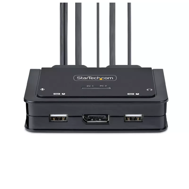 StarTech.com 2 prievadų USB-C kabelinis KVM jungiklis, 4K 60Hz DisplayPort išvestis, kompaktiškas KVM su 4 pėdų/1,2 m USB Type-C/garso integruotais kabeliais, maitinamas per magistralę – nuotolinis mygtukas/karštieji klavišai