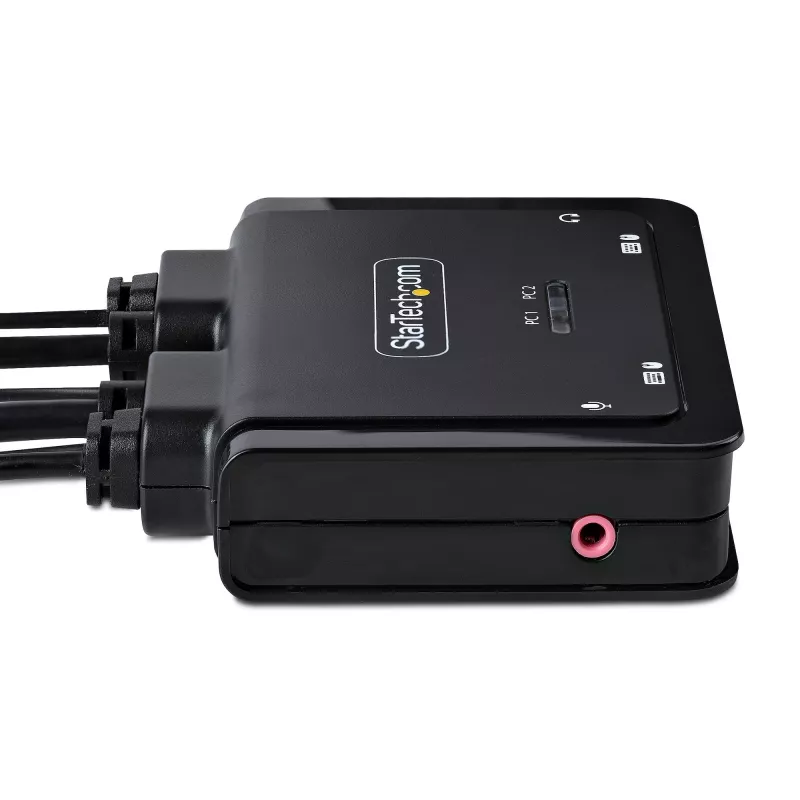 StarTech.com 2 prievadų USB-C kabelinis KVM jungiklis, 4K 60Hz DisplayPort išvestis, kompaktiškas KVM su 4 pėdų/1,2 m USB Type-C/garso integruotais kabeliais, maitinamas per magistralę – nuotolinis mygtukas/karštieji klavišai