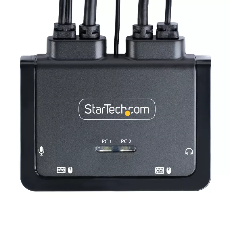 StarTech.com 2 prievadų USB-C kabelinis KVM jungiklis, 4K 60Hz DisplayPort išvestis, kompaktiškas KVM su 4 pėdų/1,2 m USB Type-C/garso integruotais kabeliais, maitinamas per magistralę – nuotolinis mygtukas/karštieji klavišai