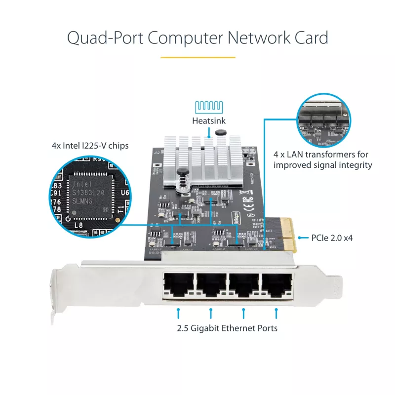 StarTech.com 4 prievadų 2.5Gbps NBASE-T PCIe tinklo plokštė, Intel I225-V, keturių prievadų kompiuterinė tinklo plokštė, kelių gigabitų NIC, PCI Express serverių LAN plokštė, stalinio kompiuterio Ethernet sąsaja