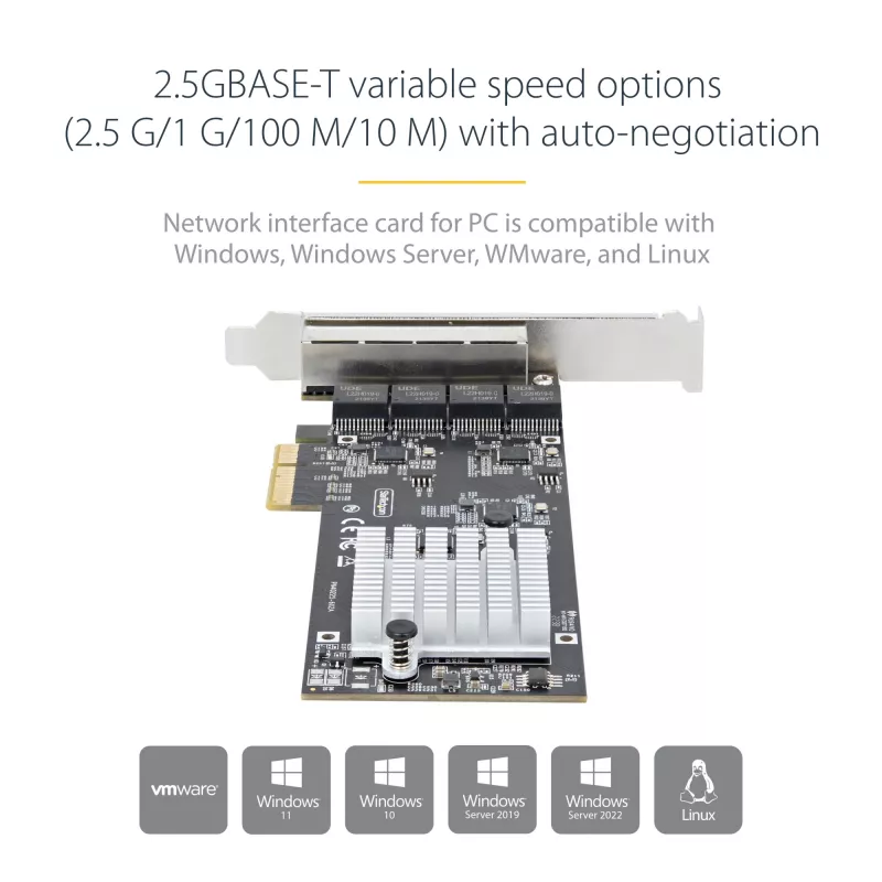 StarTech.com 4 prievadų 2.5Gbps NBASE-T PCIe tinklo plokštė, Intel I225-V, keturių prievadų kompiuterinė tinklo plokštė, kelių gigabitų NIC, PCI Express serverių LAN plokštė, stalinio kompiuterio Ethernet sąsaja