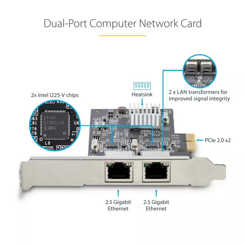 StarTech.com 2 prievadų 2,5 Gbps NBASE-T PCIe tinklo kortelė, Intel I225-V, dviejų prievadų kompiuterinė tinklo kortelė, kelių gigabitų NIC, PCI Express serverio LAN kortelė, staliniam kompiuteriui skirta eterneto sąsaja