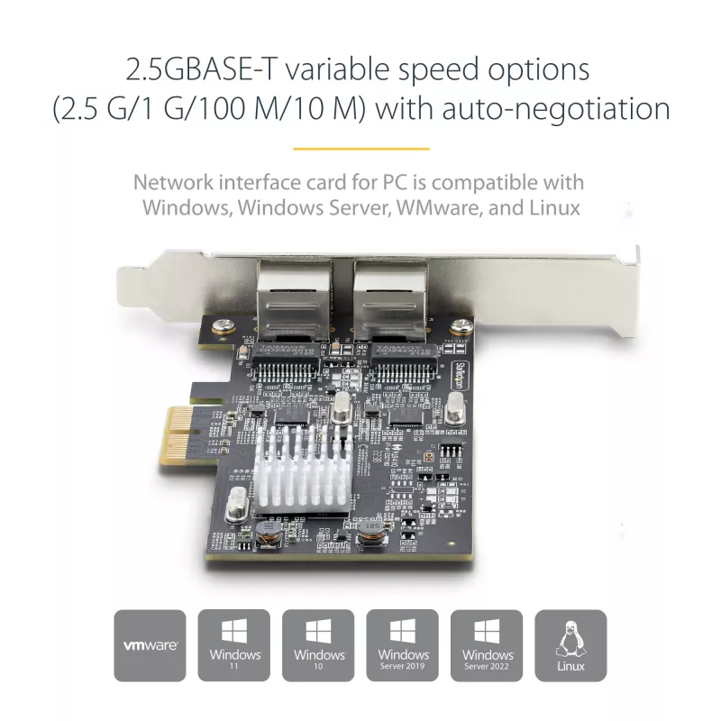 StarTech.com 2 prievadų 2,5 Gbps NBASE-T PCIe tinklo kortelė, Intel I225-V, dviejų prievadų kompiuterinė tinklo kortelė, kelių gigabitų NIC, PCI Express serverio LAN kortelė, staliniam kompiuteriui skirta eterneto sąsaja