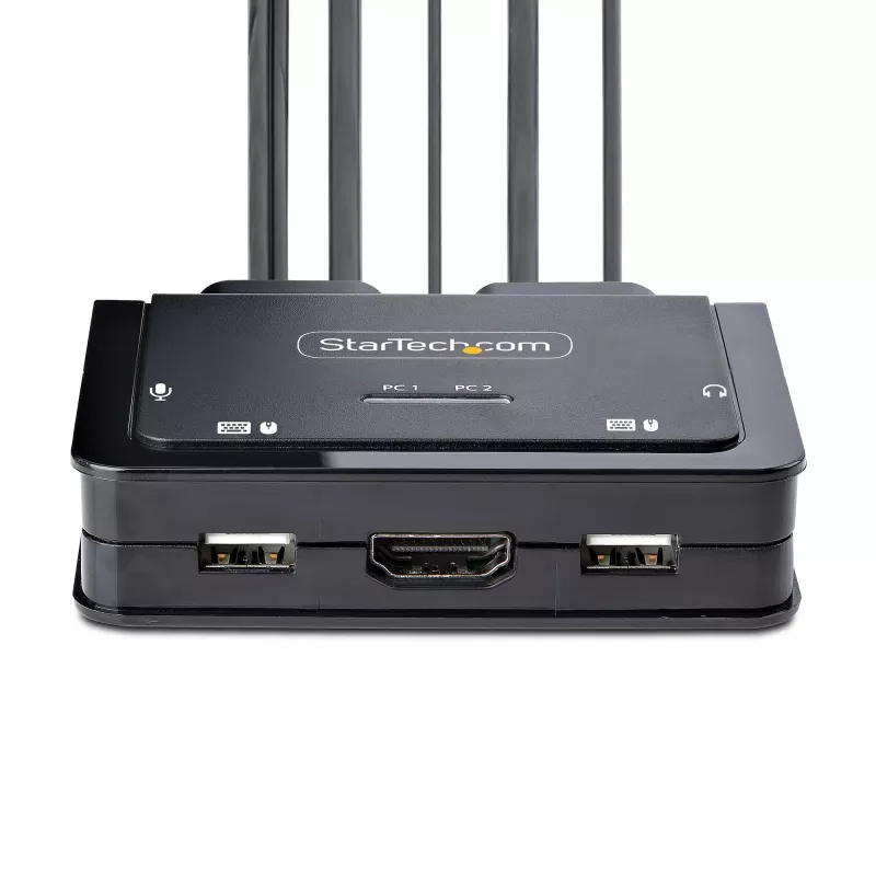 StarTech.com 2 prievadų hibridinis USB-C HDMI kabelių KVM jungiklis, 4K 60Hz, kompaktiškas KVM su 1,8 m USB-A/HDMI/garso ir 1,2 m USB-C integruotais kompiuterių kabeliais, maitinamas per USB - nuotolinis mygtukas / sparčiųjų klavišų perjungimas