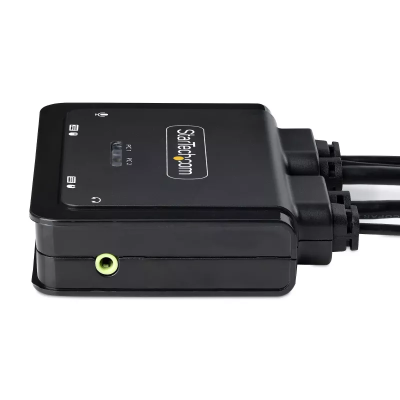 StarTech.com 2 prievadų hibridinis USB-C HDMI kabelių KVM jungiklis, 4K 60Hz, kompaktiškas KVM su 1,8 m USB-A/HDMI/garso ir 1,2 m USB-C integruotais kompiuterių kabeliais, maitinamas per USB - nuotolinis mygtukas / sparčiųjų klavišų perjungimas