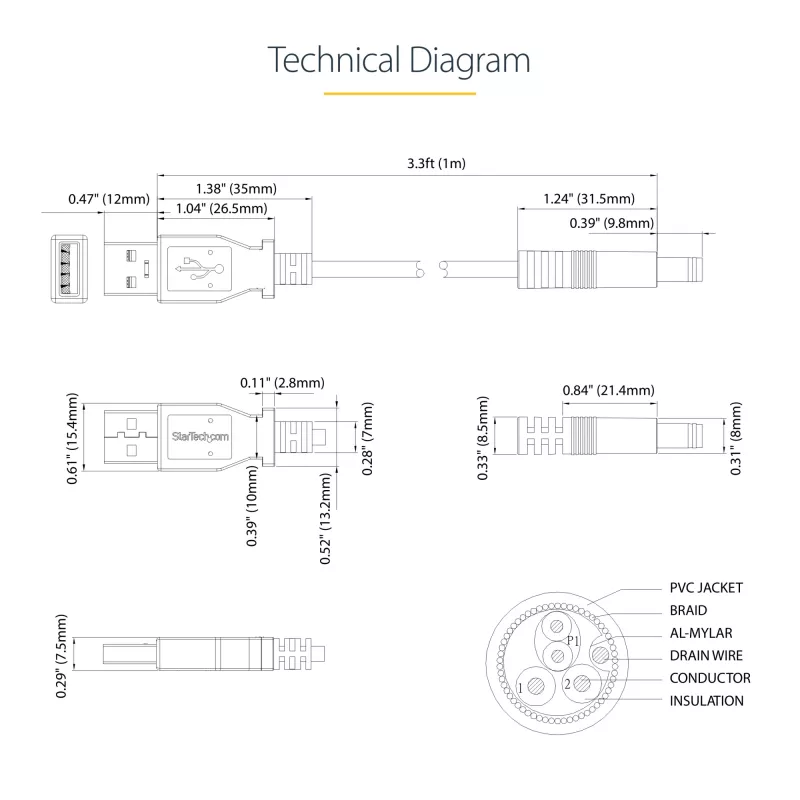 StarTech.com USB į 5.5 mm maitinimo laidą - Type N cilindrinis - 1 m