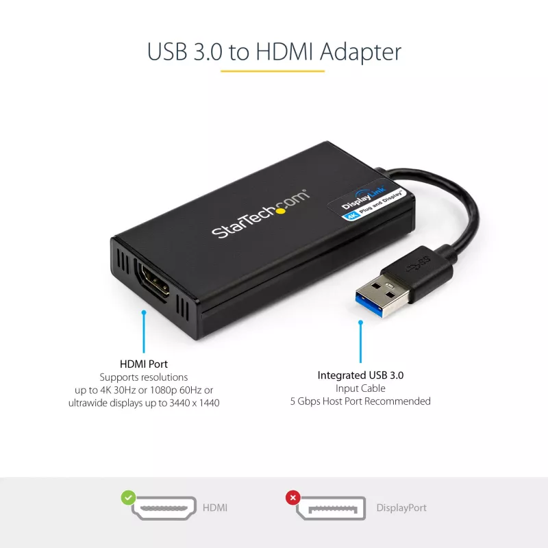 StarTech.com USB 3.0 į HDMI adapteris - 4K 30Hz Ultra HD - DisplayLink sertifikuotas - USB Type-A į HDMI ekrano adapteris keitiklis monitoriui - išorinė vaizdo ir grafikos plokštė - Mac ir Windows