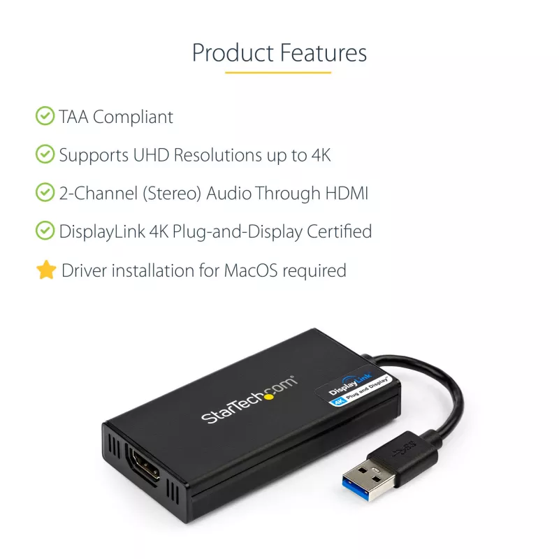 StarTech.com USB 3.0 į HDMI adapteris - 4K 30Hz Ultra HD - DisplayLink sertifikuotas - USB Type-A į HDMI ekrano adapteris keitiklis monitoriui - išorinė vaizdo ir grafikos plokštė - Mac ir Windows