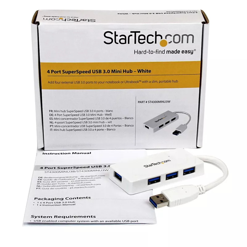StarTech.com Nešiojamasis 4 prievadų SuperSpeed Mini USB 3.0 šakotuvas – baltas