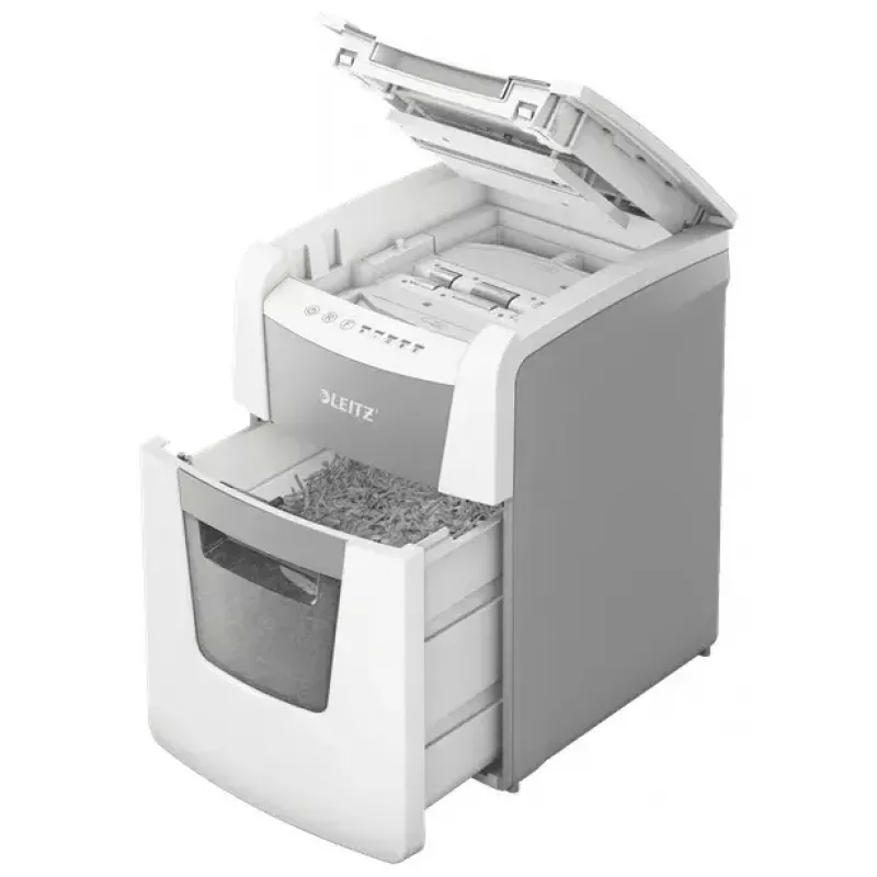 Popieriaus smulkintuvas LEITZ IQ Autofeed Small Office 100, kryžminis pjovimas P-4, 8 lapų, 22 cm padavimo anga, 34 l dėžė, pilkas