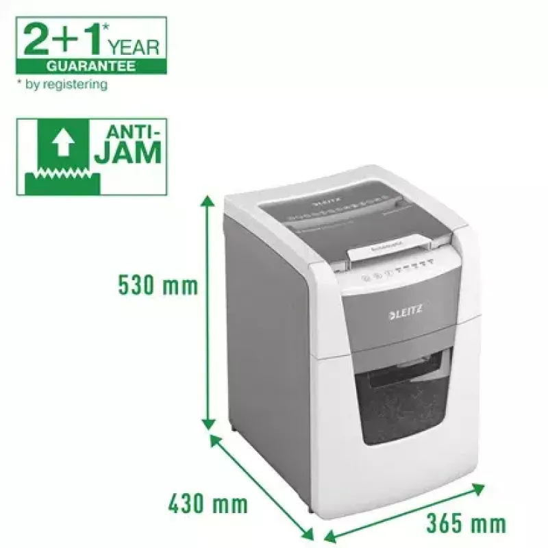 Popieriaus smulkintuvas LEITZ IQ Autofeed Small Office 100, kryžminis pjovimas P-4, 8 lapų, 22 cm padavimo anga, 34 l dėžė, pilkas