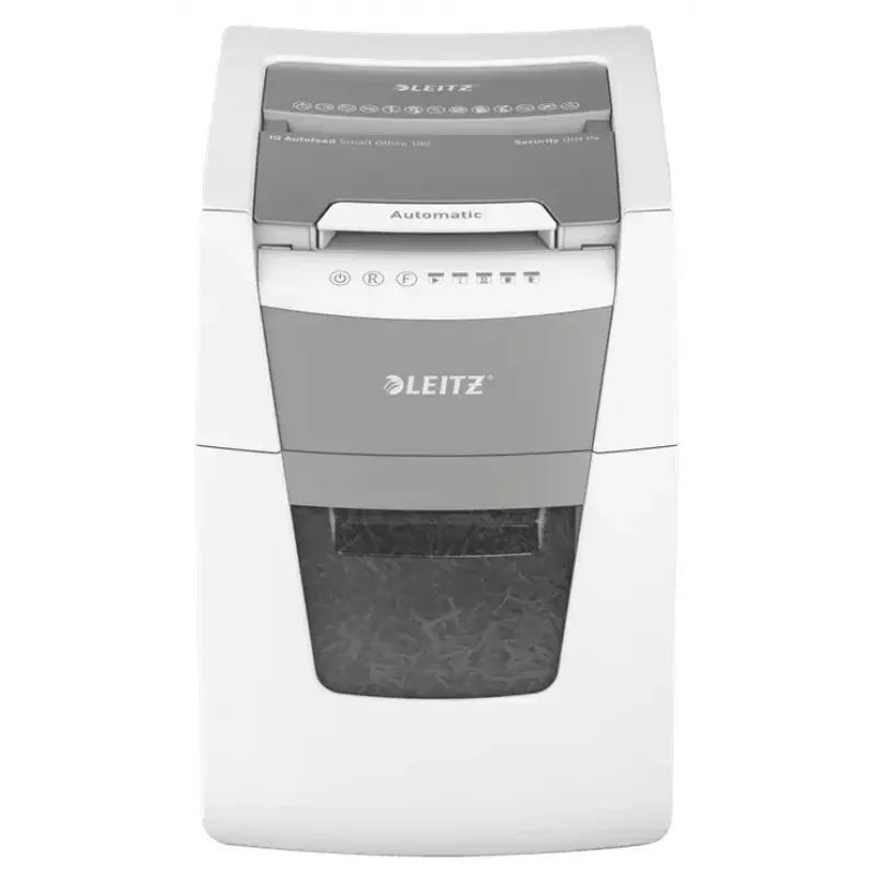 Popieriaus smulkintuvas LEITZ IQ Autofeed Small Office 100, kryžminis pjovimas P-4, 8 lapų, 22 cm padavimo anga, 34 l dėžė, pilkas