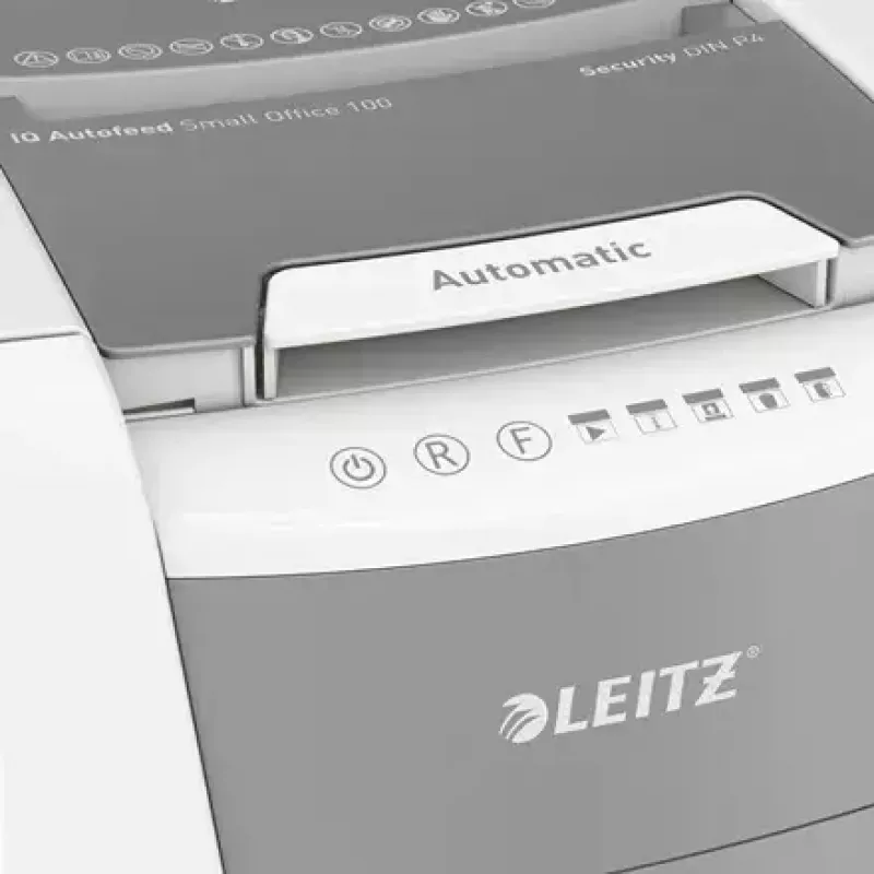 Popieriaus smulkintuvas LEITZ IQ Autofeed Small Office 100, kryžminis pjovimas P-4, 8 lapų, 22 cm padavimo anga, 34 l dėžė, pilkas