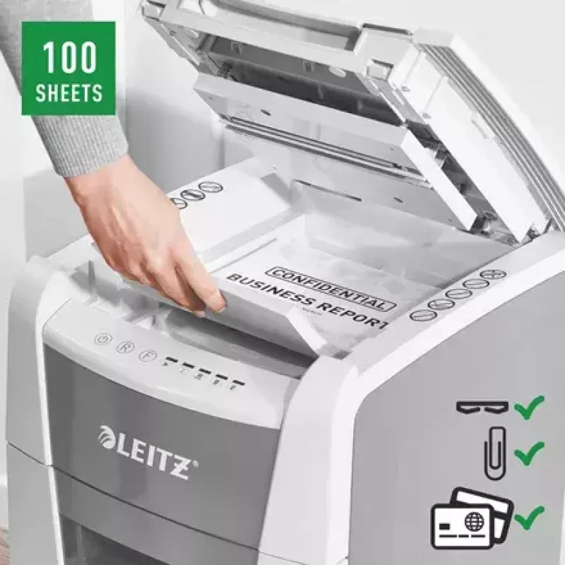Popieriaus smulkintuvas LEITZ IQ Autofeed Small Office 100, kryžminis pjovimas P-4, 8 lapų, 22 cm padavimo anga, 34 l dėžė, pilkas