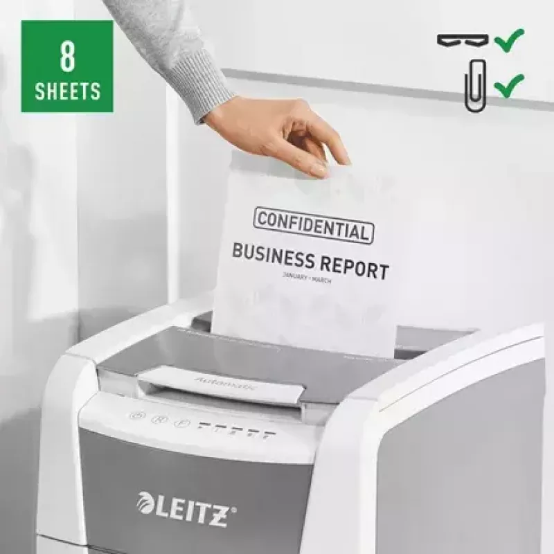 Popieriaus smulkintuvas LEITZ IQ Autofeed Small Office 100, kryžminis pjovimas P-4, 8 lapų, 22 cm padavimo anga, 34 l dėžė, pilkas