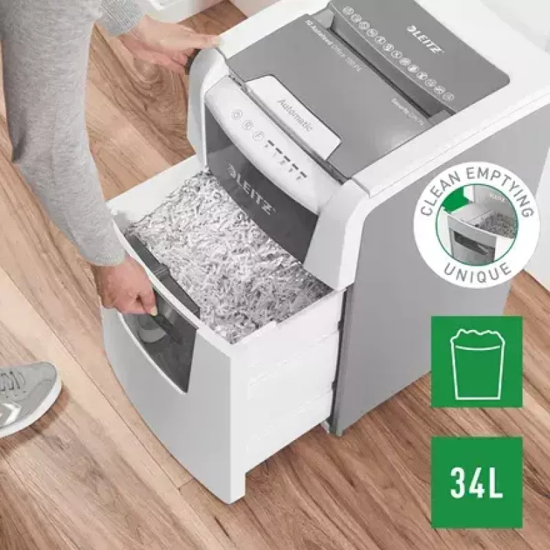 Popieriaus smulkintuvas LEITZ IQ Autofeed Small Office 100, kryžminis pjovimas P-4, 8 lapų, 22 cm padavimo anga, 34 l dėžė, pilkas