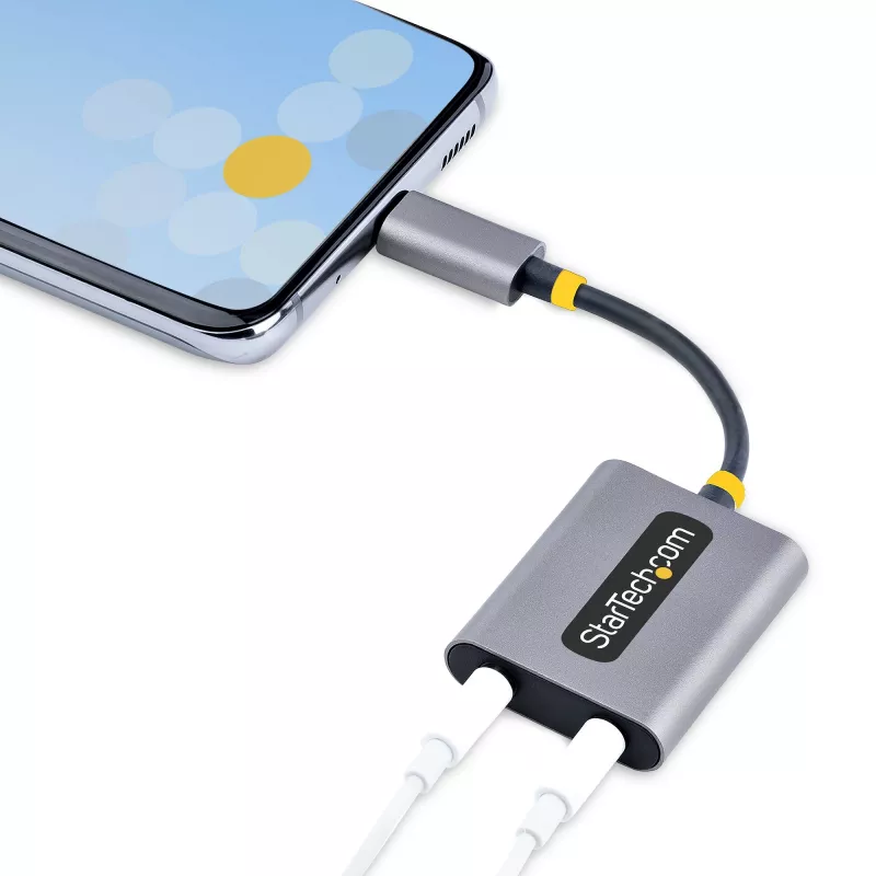 StarTech.com USB-C ausinių skirstytuvas, USB-C dvigubas laisvų rankų adapteris su mikrofono įėjimu, USB-C į 3,5 mm garso adapteris / ausinių donglas, USB-C į garso lizdo / pagalbinio išėjimo adapteris, 24 bitų DAC