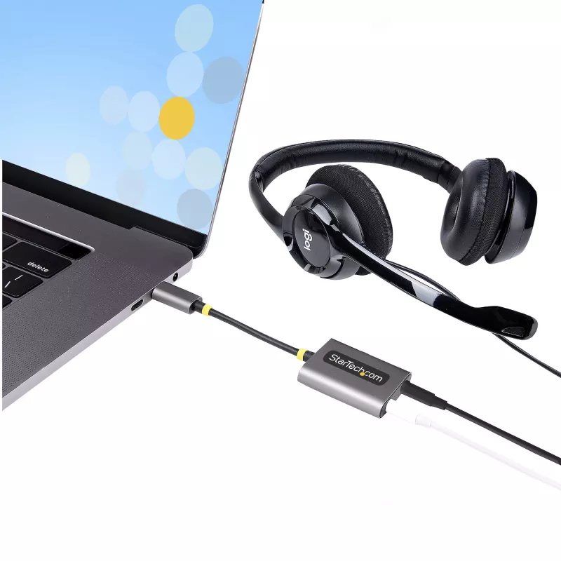 StarTech.com USB-C ausinių skirstytuvas, USB-C dvigubas laisvų rankų adapteris su mikrofono įėjimu, USB-C į 3,5 mm garso adapteris / ausinių donglas, USB-C į garso lizdo / pagalbinio išėjimo adapteris, 24 bitų DAC