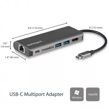 StarTech.com USB-C daugiafunkcis adapteris, nešiojama USB-C dokas prie 4K HDMI, 2 prievadų USB 3.0 šakotuvas, SD/SDHC, GbE, 60 W PD pralaidumas - USB Type-C/Thunderbolt 3 - PAKEISTA DKT30CHSDPD1