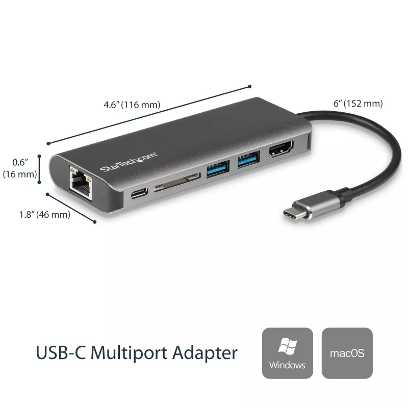 StarTech.com USB-C daugiafunkcis adapteris, nešiojama USB-C dokas prie 4K HDMI, 2 prievadų USB 3.0 šakotuvas, SD/SDHC, GbE, 60 W PD pralaidumas - USB Type-C/Thunderbolt 3 - PAKEISTA DKT30CHSDPD1
