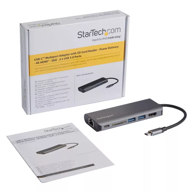 StarTech.com USB-C daugiafunkcis adapteris, nešiojama USB-C dokas prie 4K HDMI, 2 prievadų USB 3.0 šakotuvas, SD/SDHC, GbE, 60 W PD pralaidumas - USB Type-C/Thunderbolt 3 - PAKEISTA DKT30CHSDPD1