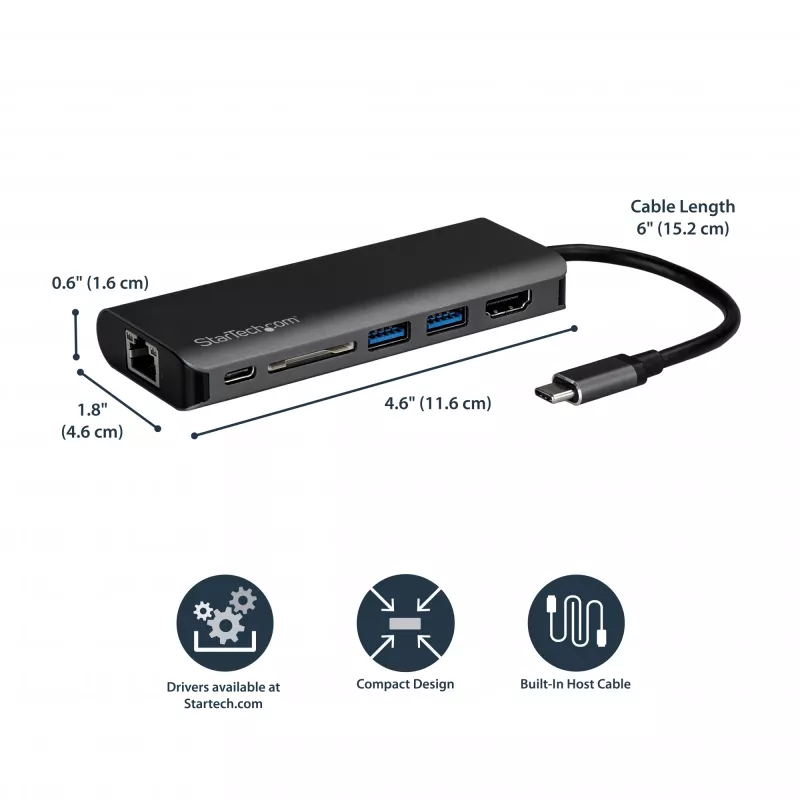 StarTech.com USB-C daugiafunkcis adapteris, nešiojama USB-C dokas prie 4K HDMI, 2 prievadų USB 3.0 šakotuvas, SD/SDHC, GbE, 60 W PD pralaidumas - USB Type-C/Thunderbolt 3 - PAKEISTA DKT30CHSDPD1