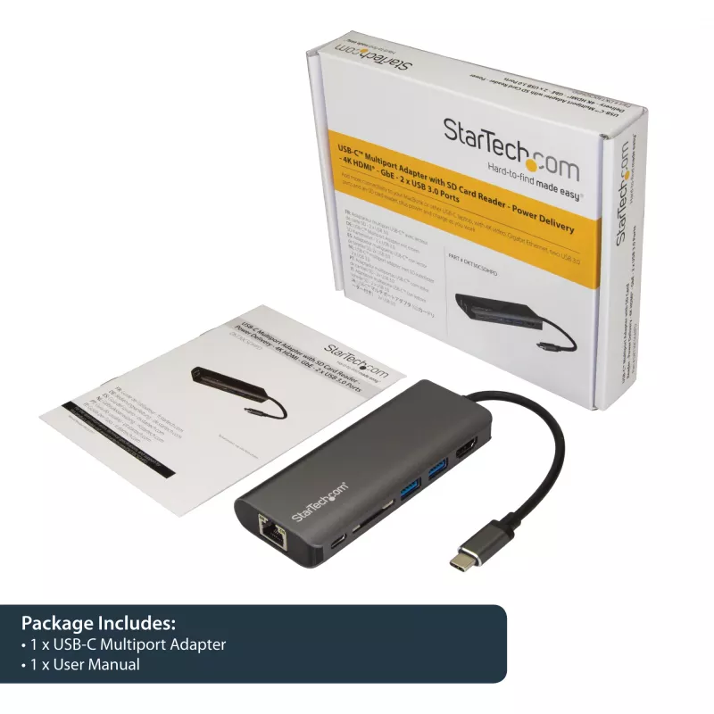 StarTech.com USB-C daugiafunkcis adapteris, nešiojama USB-C dokas prie 4K HDMI, 2 prievadų USB 3.0 šakotuvas, SD/SDHC, GbE, 60 W PD pralaidumas - USB Type-C/Thunderbolt 3 - PAKEISTA DKT30CHSDPD1