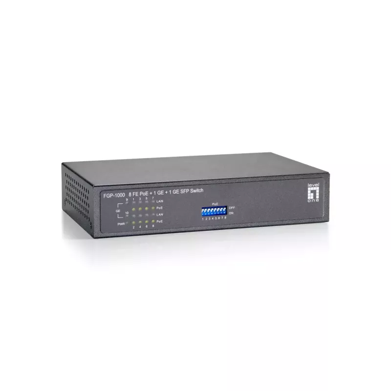 LevelOne 10 prievadų greitojo eterneto PoE komutatorius, 1 x Gigabitinis RJ45, 1 x Gigabitinis SFP, 8 PoE išėjimai, 90 W