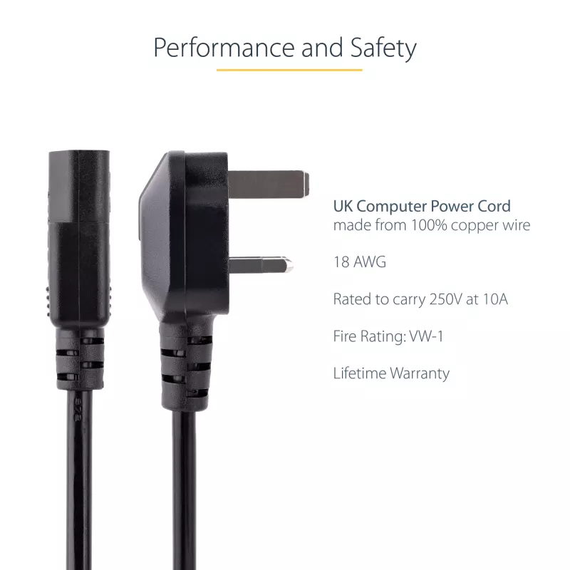 StarTech.com 3 m UK kompiuterio maitinimo laidas, 18AWG, BS 1363 į C13, 10A 250V, juodas pakaitinis kintamosios srovės maitinimo laidas, kompiuterio maitinimo šaltinio laidas, televizoriaus/monitoriaus maitinimo laidas