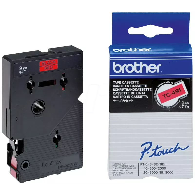 Žymėjimo juosta 9mm Brother TC491 juoda ant raudonos