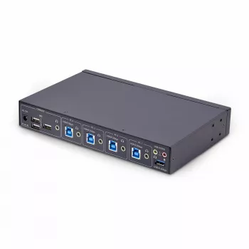 StarTech.com 4 prievadų KM jungiklis su pelės perjungimu, USB jungiklis klaviatūrai / pelei, 3,5 mm / USB garso, periferinių įrenginių bendrinimas 4 kompiuteriams, atitinka TAA