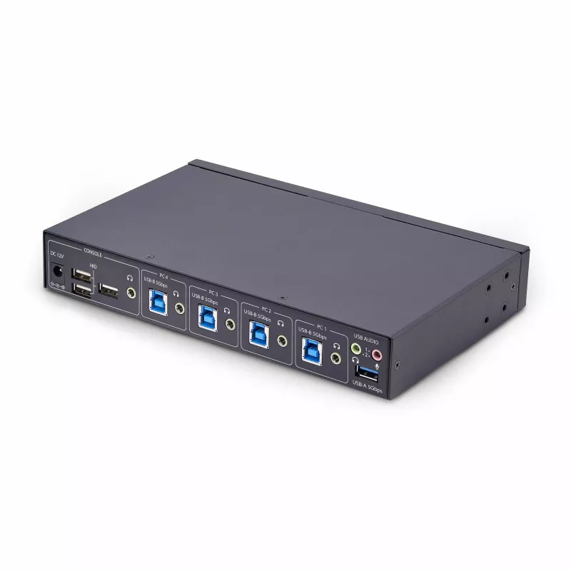 StarTech.com 4 prievadų KM jungiklis su pelės perjungimu, USB jungiklis klaviatūrai / pelei, 3,5 mm / USB garso, periferinių įrenginių bendrinimas 4 kompiuteriams, atitinka TAA