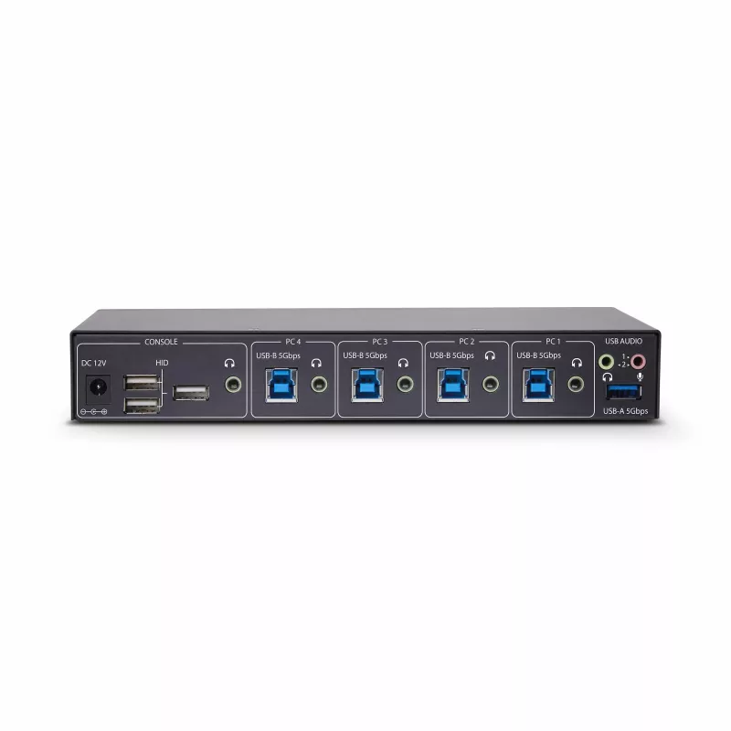 StarTech.com 4 prievadų KM jungiklis su pelės perjungimu, USB jungiklis klaviatūrai / pelei, 3,5 mm / USB garso, periferinių įrenginių bendrinimas 4 kompiuteriams, atitinka TAA