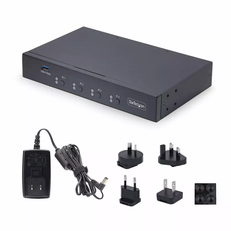 StarTech.com 4 prievadų KM jungiklis su pelės perjungimu, USB jungiklis klaviatūrai / pelei, 3,5 mm / USB garso, periferinių įrenginių bendrinimas 4 kompiuteriams, atitinka TAA