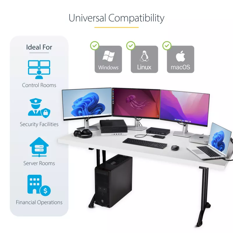StarTech.com 4 prievadų KM jungiklis su pelės perjungimu, USB jungiklis klaviatūrai / pelei, 3,5 mm / USB garso, periferinių įrenginių bendrinimas 4 kompiuteriams, atitinka TAA