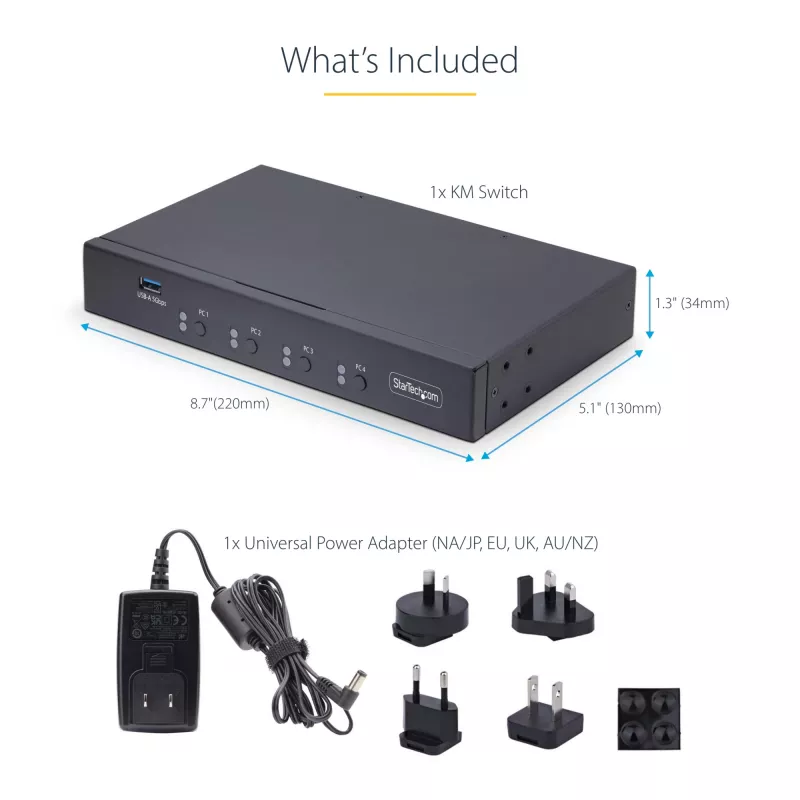 StarTech.com 4 prievadų KM jungiklis su pelės perjungimu, USB jungiklis klaviatūrai / pelei, 3,5 mm / USB garso, periferinių įrenginių bendrinimas 4 kompiuteriams, atitinka TAA