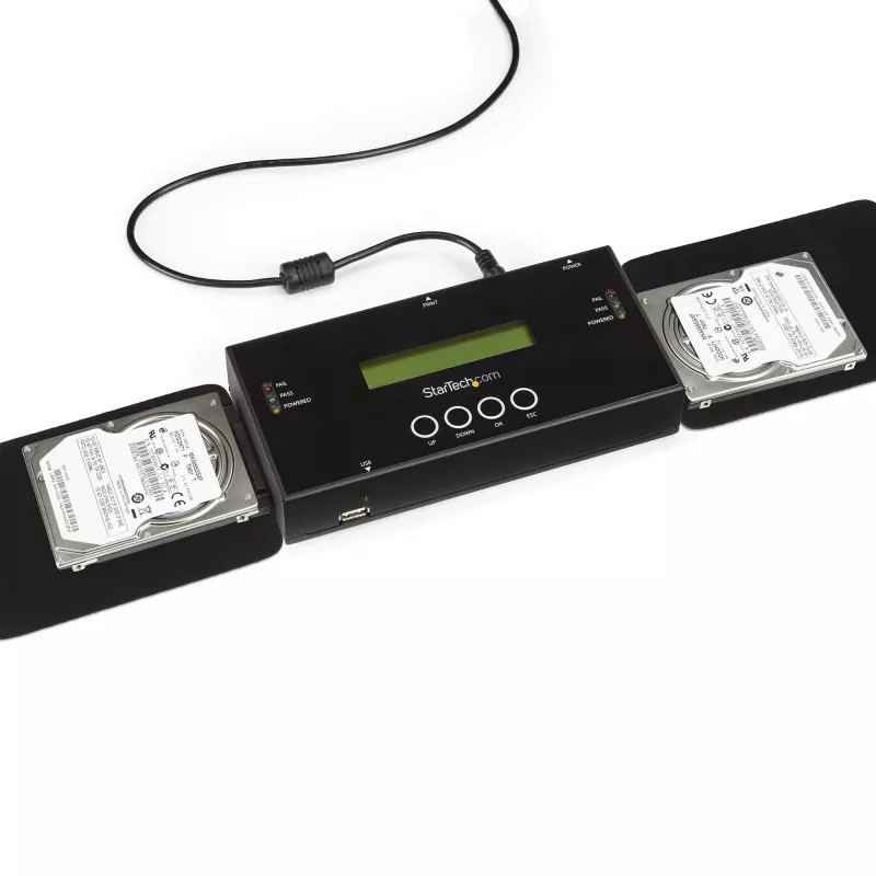 StarTech.com 1:1 autonominis standžiųjų diskų kopijuoklis ir trintuvas, SAS ir SATA HDD/SSD klonuoklis/kopijuoklis, standžiųjų diskų kopijuoklis ir valytuvas, LCD ekranas, TAA atitinkantis