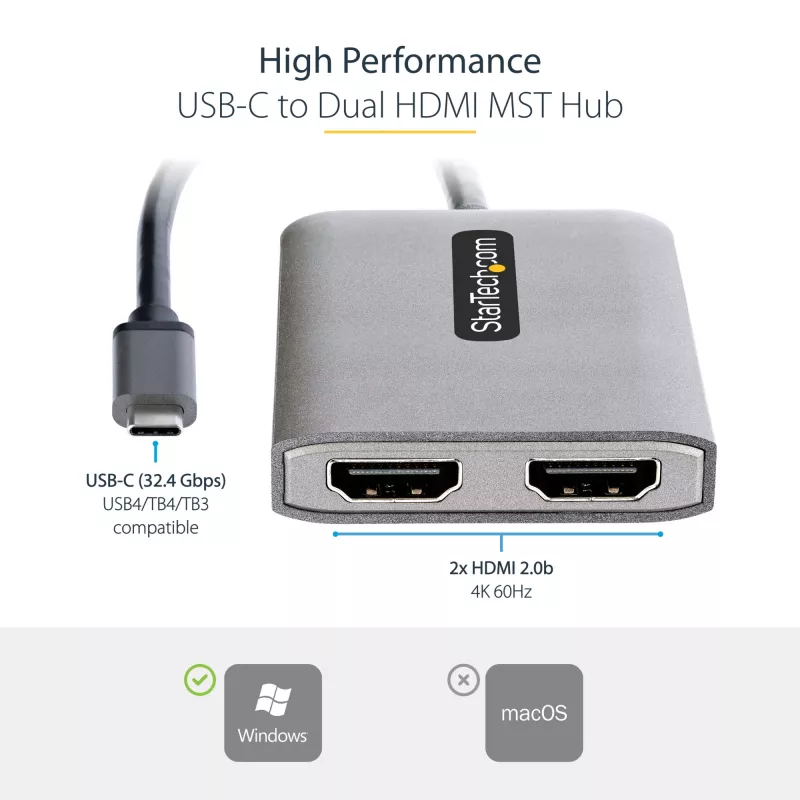 StarTech.com USB-C į dvigubą HDMI MST šakotuvą - dvigubas HDMI 4K 60Hz - USB Type C kelių monitorių adapteris nešiojamiesiems kompiuteriams su 1ft/30cm kabeliu - DP 1.4 kelių srautų perdavimo šakotuvas - USB-C į HDMI skirstytuvą
