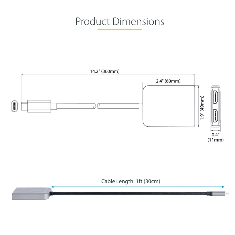 StarTech.com USB-C į dvigubą HDMI MST šakotuvą - dvigubas HDMI 4K 60Hz - USB Type C kelių monitorių adapteris nešiojamiesiems kompiuteriams su 1ft/30cm kabeliu - DP 1.4 kelių srautų perdavimo šakotuvas - USB-C į HDMI skirstytuvą