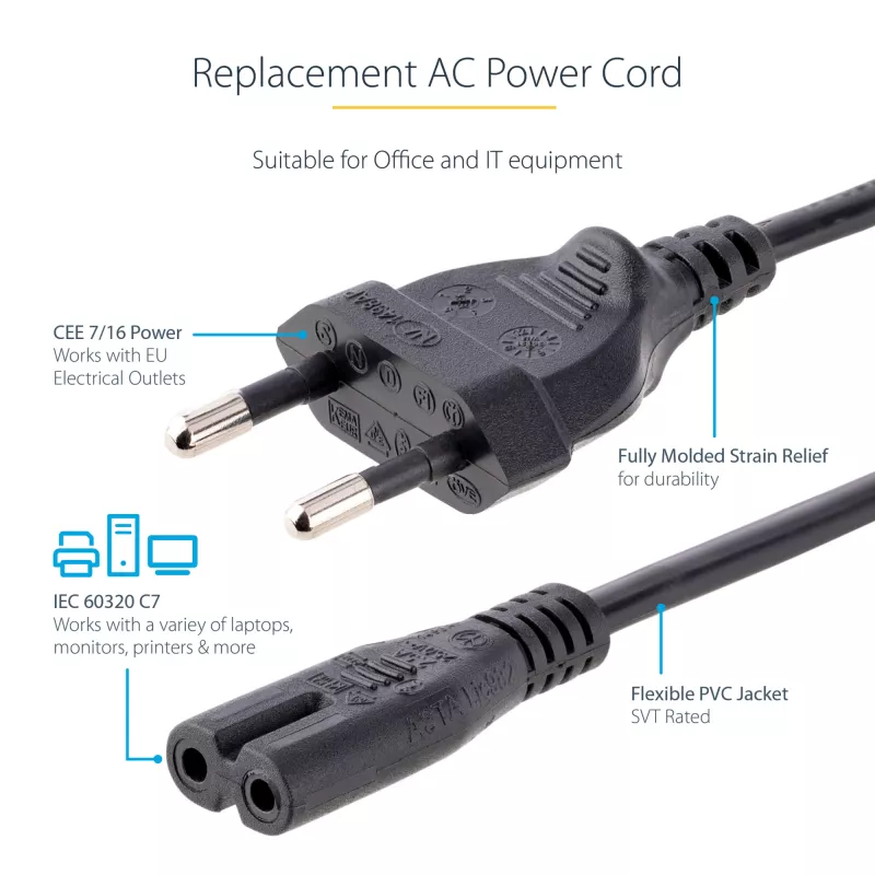 StarTech.com 1 m (3 pėd.) nešiojamojo kompiuterio maitinimo laidas, EU kištukas į C7, 2,5 A 250 V, 18AWG, nešiojamojo kompiuterio pakaitinis laidas, spausdintuvo maitinimo kabelis, nešiojamojo kompiuterio įkroviklio laidas, nešiojamojo kompiuterio maitinimo bloko laidas – UL sąraše
