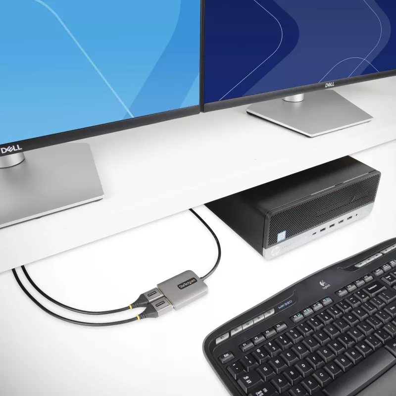 StarTech.com 2 prievadų DisplayPort MST šakotuvas, dviguba 4K 60 Hz, DP į 2x DisplayPort monitorių adapteris, DP 1.4 kelių monitorių vaizdo adapteris, 1 pėdos (30 cm) įmontuotas laidas, maitinamas per USB, tik Windows