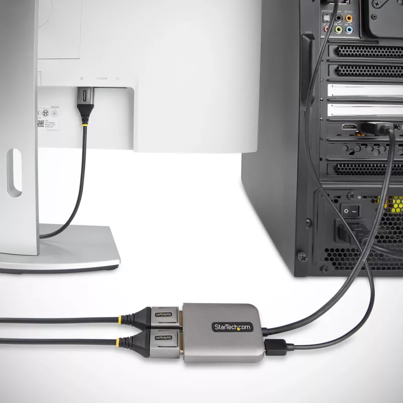 StarTech.com 2 prievadų DisplayPort MST šakotuvas, dviguba 4K 60 Hz, DP į 2x DisplayPort monitorių adapteris, DP 1.4 kelių monitorių vaizdo adapteris, 1 pėdos (30 cm) įmontuotas laidas, maitinamas per USB, tik Windows