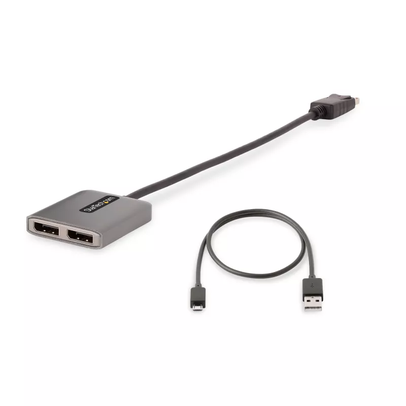 StarTech.com 2 prievadų DisplayPort MST šakotuvas, dviguba 4K 60 Hz, DP į 2x DisplayPort monitorių adapteris, DP 1.4 kelių monitorių vaizdo adapteris, 1 pėdos (30 cm) įmontuotas laidas, maitinamas per USB, tik Windows