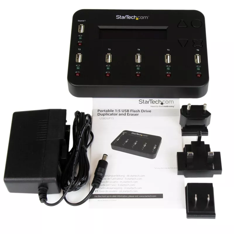 StarTech.com Atskiras 1 į 5 USB atmintuko kopijavimo įrenginys ir trintuvas, kelių USB atmintukų kopijavimo aparatas, sistemos, failų ir viso disko kopijavimas 1,5 GB/min greičiu, vieno ir 3 praėjimų valymas, LCD ekranas - TAA