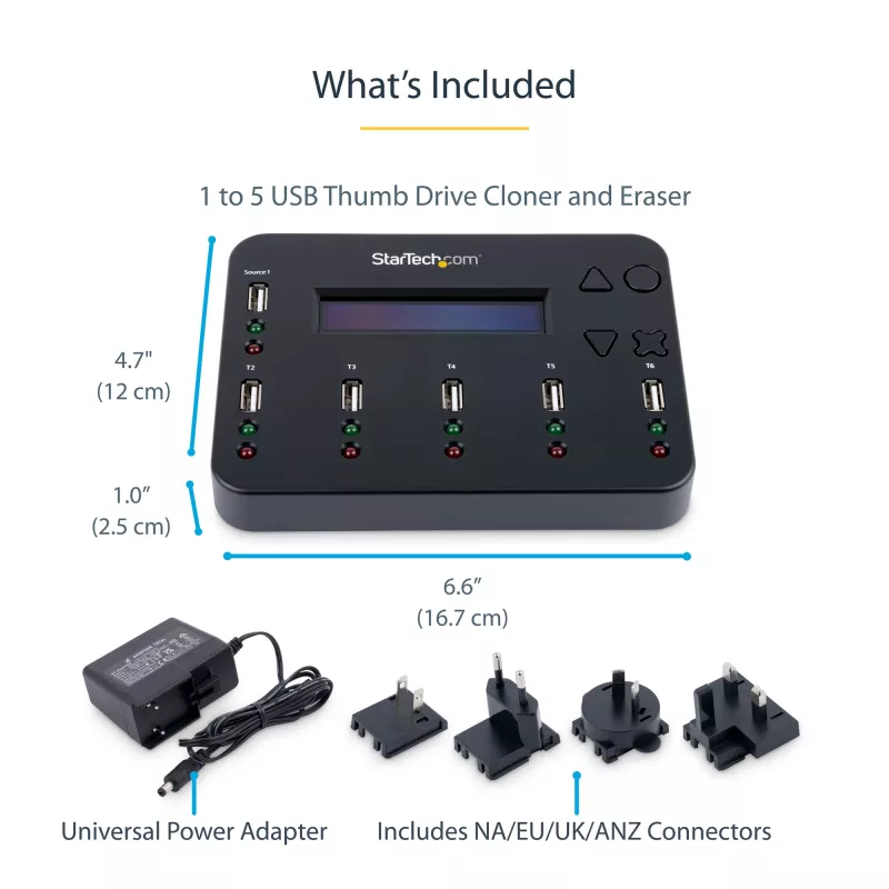 StarTech.com Atskiras 1 į 5 USB atmintuko kopijavimo įrenginys ir trintuvas, kelių USB atmintukų kopijavimo aparatas, sistemos, failų ir viso disko kopijavimas 1,5 GB/min greičiu, vieno ir 3 praėjimų valymas, LCD ekranas - TAA