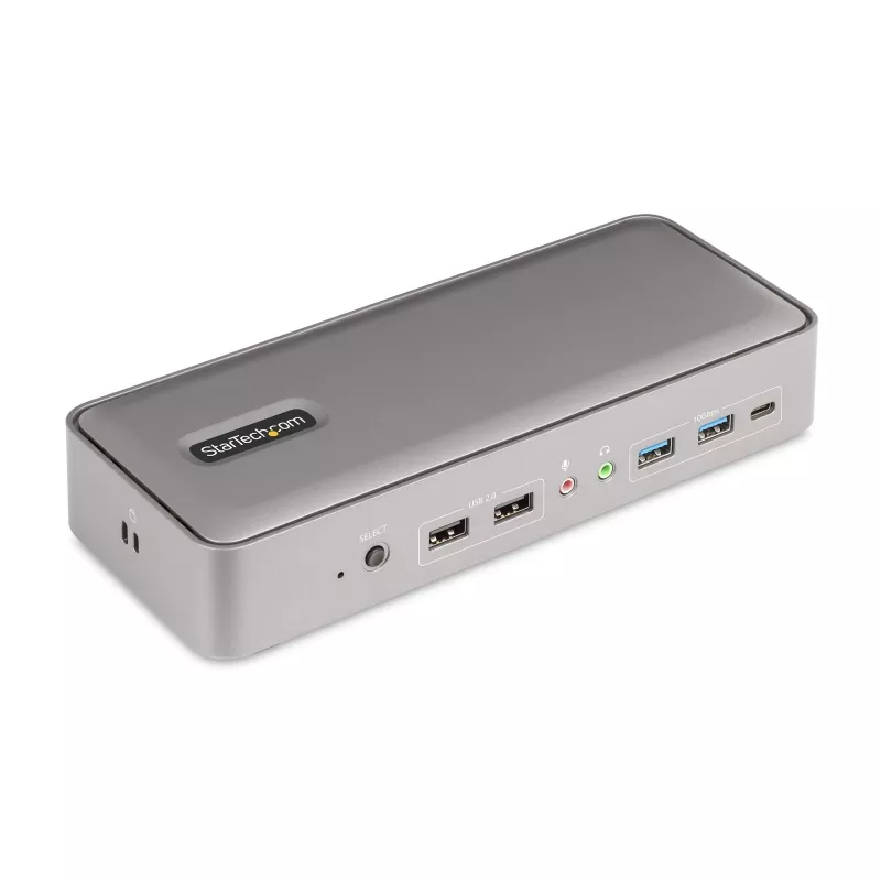 StarTech.com USB-C KVM prijungimo stotelė dviem nešiojamiesiems kompiuteriams, dviejų monitorių 4K 60Hz DisplayPort dokas, 5 prievadų USB šakotuvas, GbE, 90W/45W maitinimo tiekimas dviem nešiojamiesiems kompiuteriams, Windows/Mac, 2 kompiuterių KVM dokas – TAA