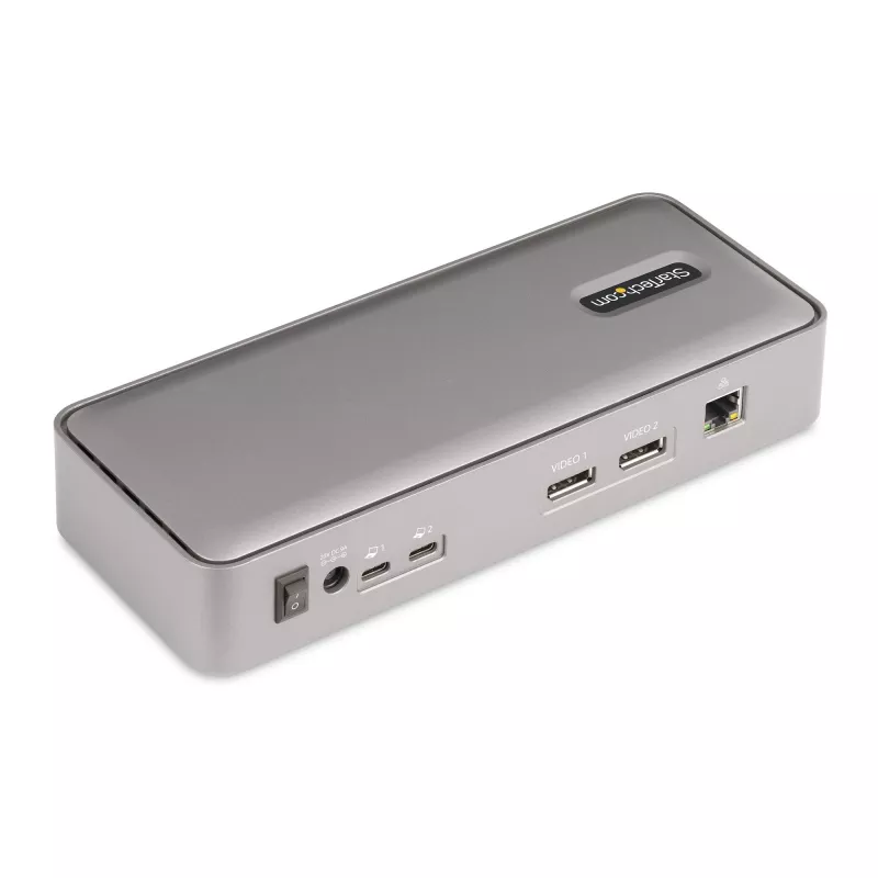 StarTech.com USB-C KVM prijungimo stotelė dviem nešiojamiesiems kompiuteriams, dviejų monitorių 4K 60Hz DisplayPort dokas, 5 prievadų USB šakotuvas, GbE, 90W/45W maitinimo tiekimas dviem nešiojamiesiems kompiuteriams, Windows/Mac, 2 kompiuterių KVM dokas – TAA