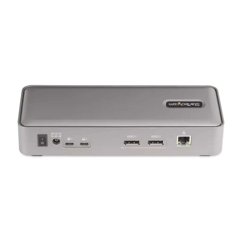 StarTech.com USB-C KVM prijungimo stotelė dviem nešiojamiesiems kompiuteriams, dviejų monitorių 4K 60Hz DisplayPort dokas, 5 prievadų USB šakotuvas, GbE, 90W/45W maitinimo tiekimas dviem nešiojamiesiems kompiuteriams, Windows/Mac, 2 kompiuterių KVM dokas – TAA