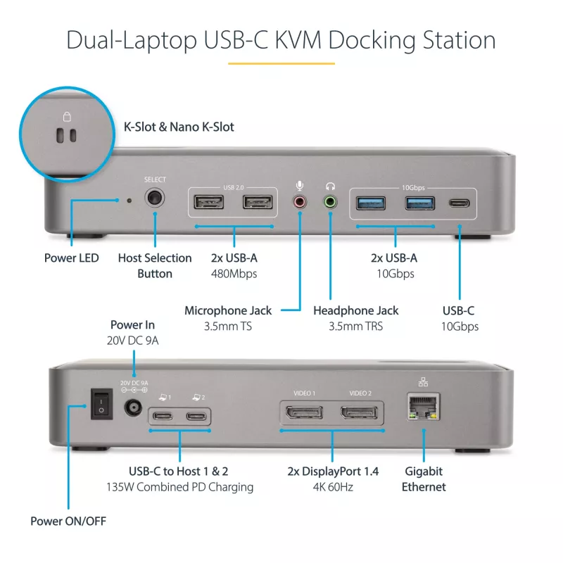 StarTech.com USB-C KVM prijungimo stotelė dviem nešiojamiesiems kompiuteriams, dviejų monitorių 4K 60Hz DisplayPort dokas, 5 prievadų USB šakotuvas, GbE, 90W/45W maitinimo tiekimas dviem nešiojamiesiems kompiuteriams, Windows/Mac, 2 kompiuterių KVM dokas – TAA